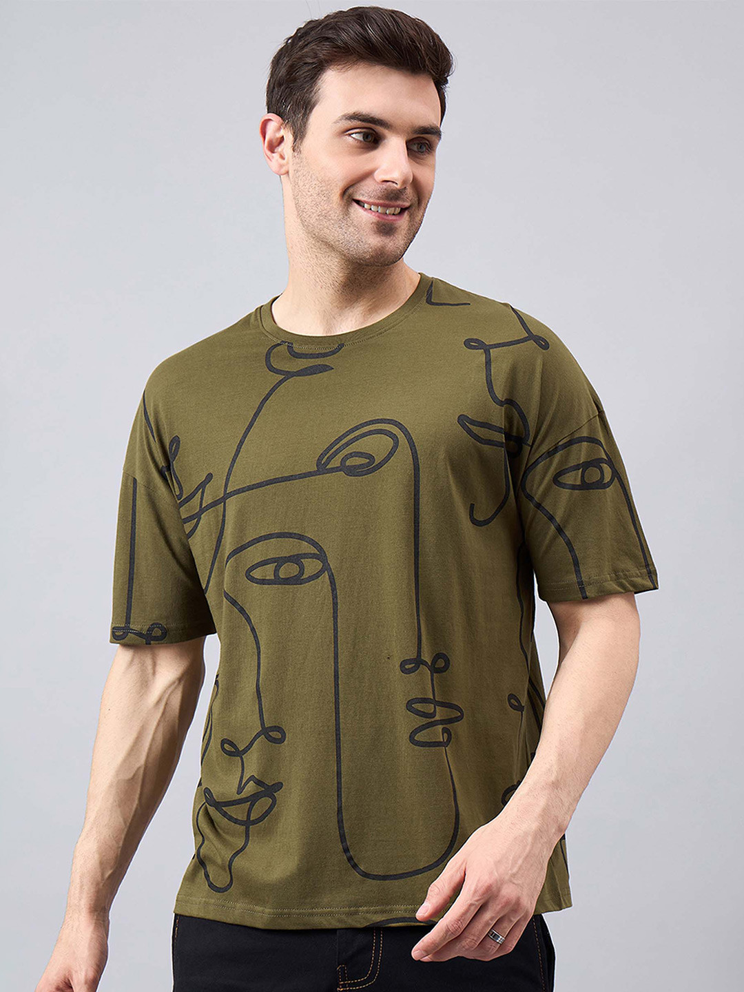 

GESPO Round Neck Drop Shoulder Sleeves Abstract Printed Oversized Cotton T-shirt, Olive