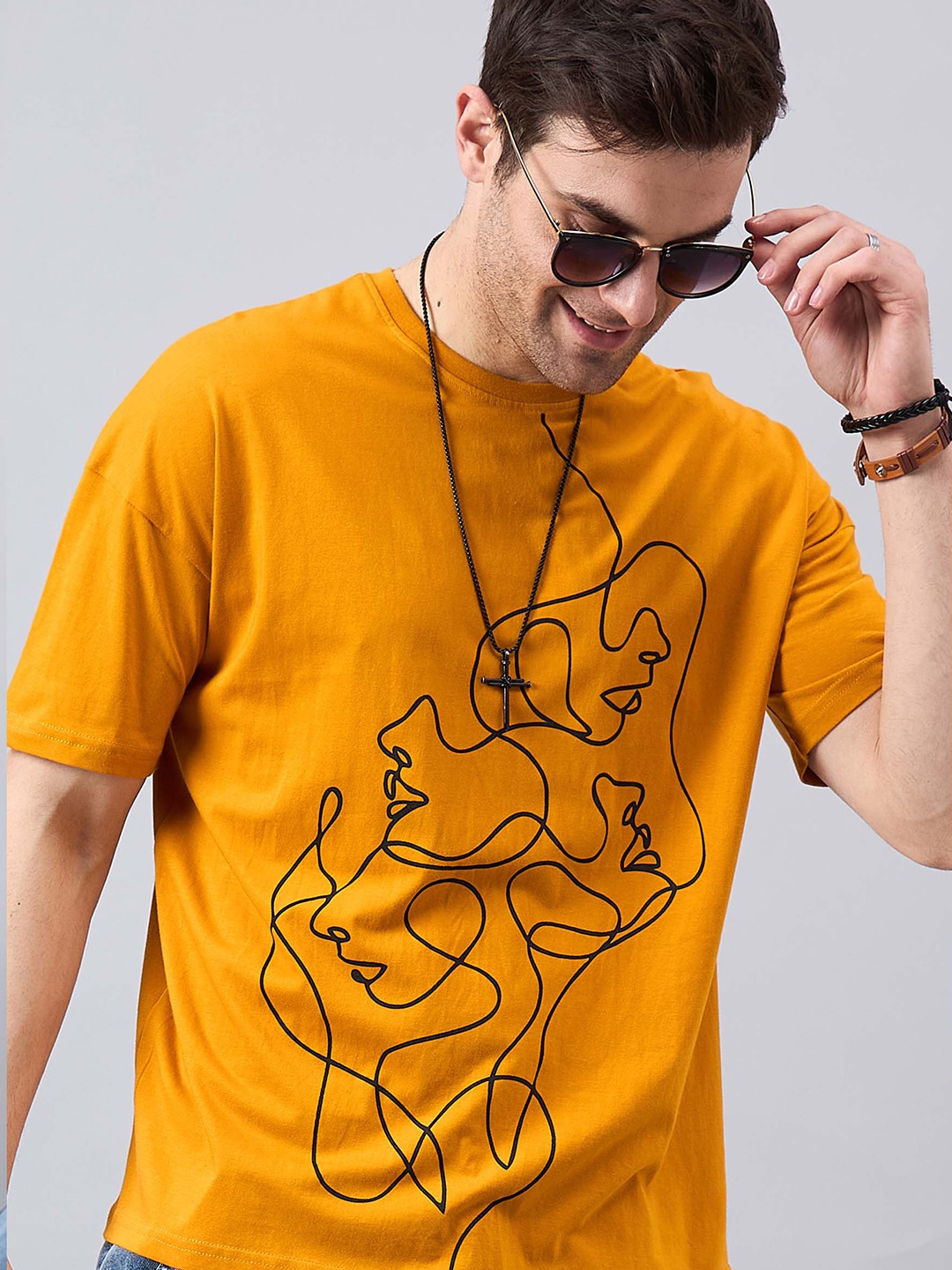 

GESPO Round Neck Drop Shoulder Sleeves Graphic Printed Oversized Cotton T-shirt, Mustard