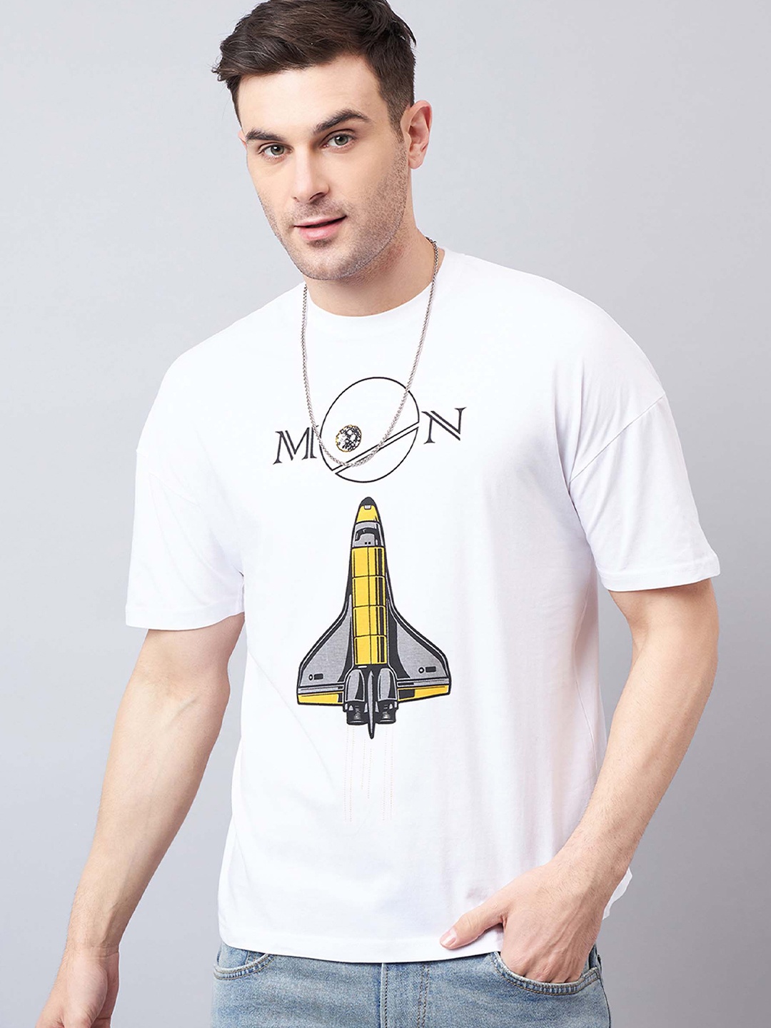 

GESPO Printed Round Neck Short Sleeves Cotton T-shirt, White