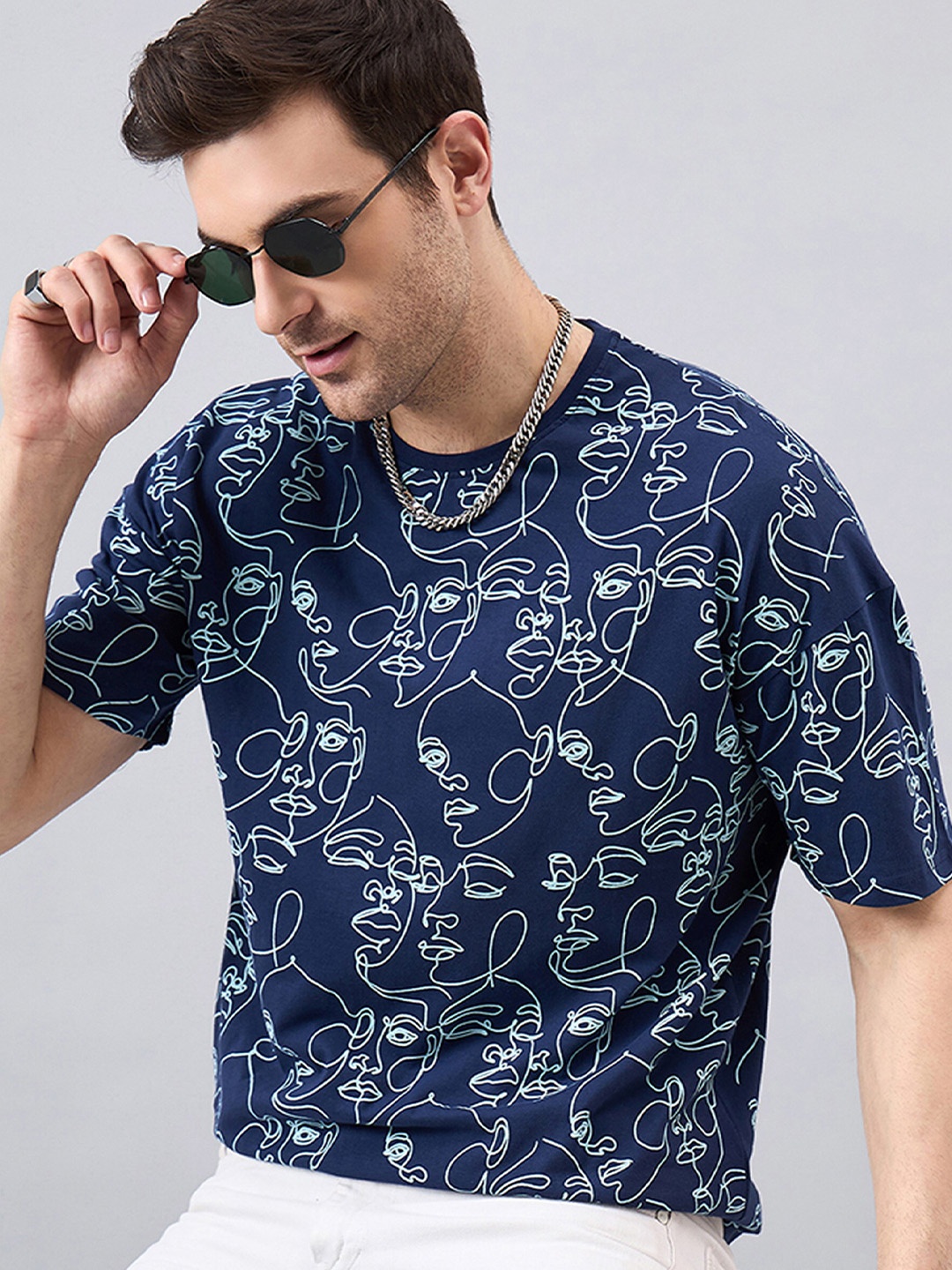 

GESPO Printed Round Neck T-shirt, Navy blue