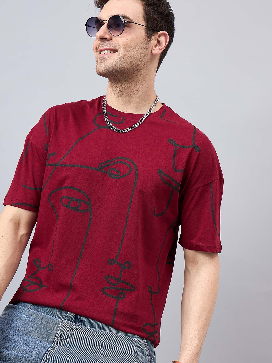 

GESPO Printed Round Neck T-shirt, Maroon