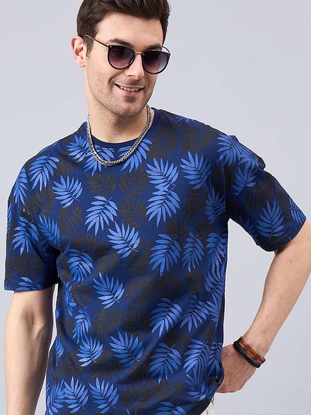

GESPO Floral Printed Tropical Drop-Shoulder Sleeves Oversized T-shirt, Multi