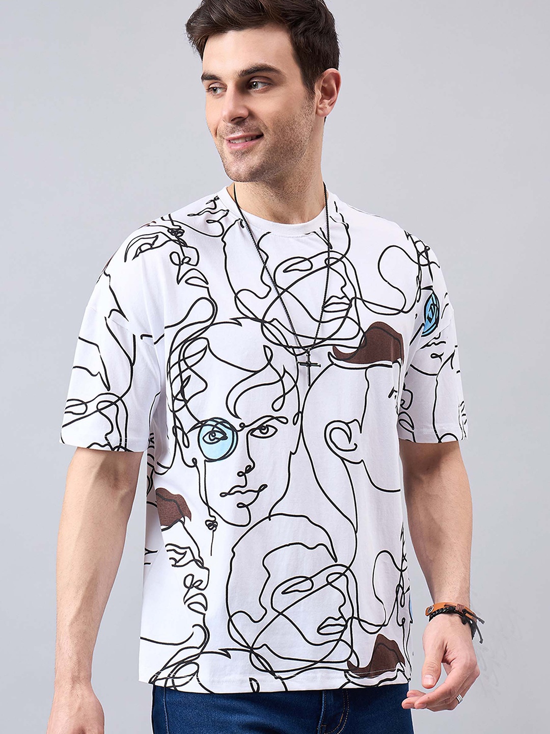 

GESPO Printed Round Neck Short Sleeves Cotton T-shirt, White