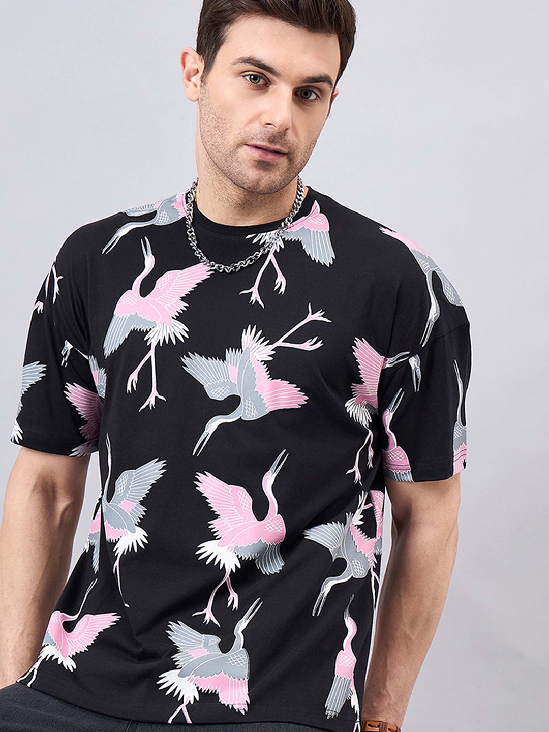 

GESPO Printed Oversized Pure Cotton Drop-Shoulder Sleeves T-shirt, Black