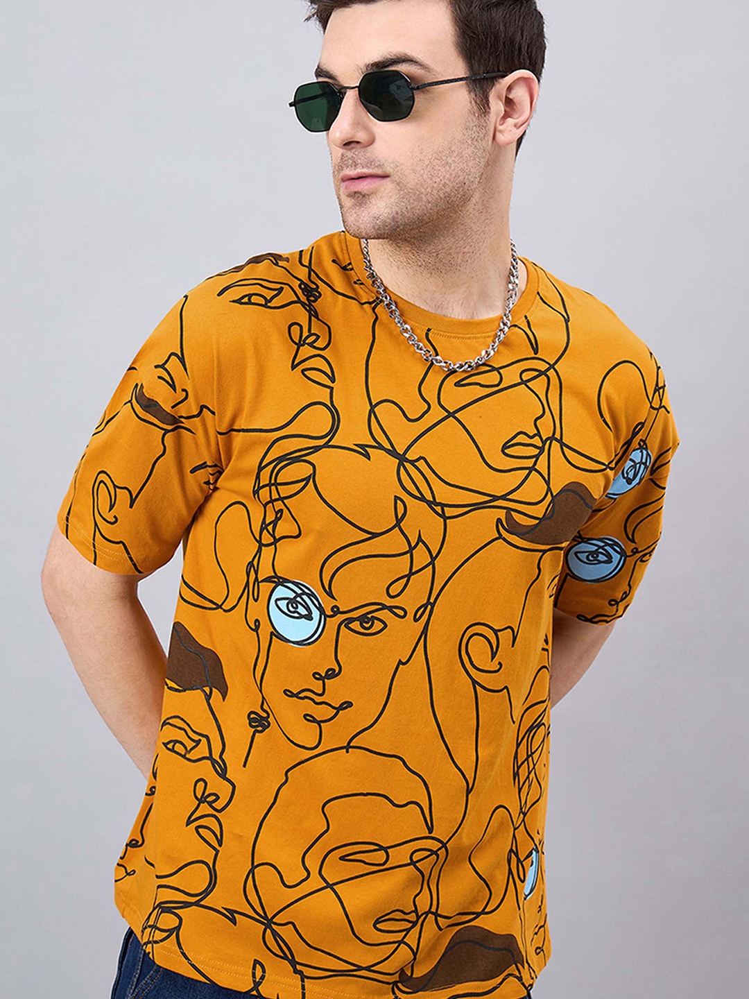 

GESPO Printed Round Neck Short Sleeves Cotton T-shirt, Mustard