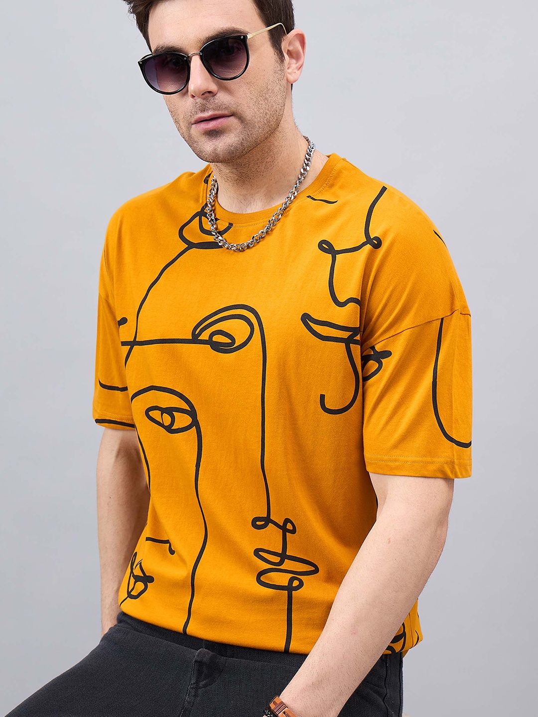 

GESPO Printed Round Neck Short Sleeves Cotton T-shirt, Mustard