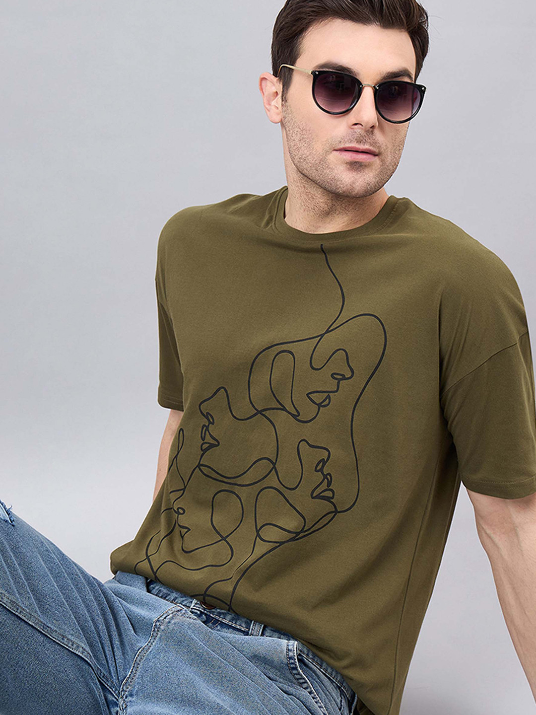 

GESPO Printed Round Neck Short Sleeves Cotton T-shirt, Olive