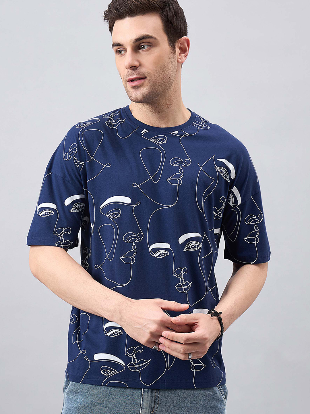 

GESPO Printed Drop-Shoulder Sleeves Oversized T-shirt, Blue