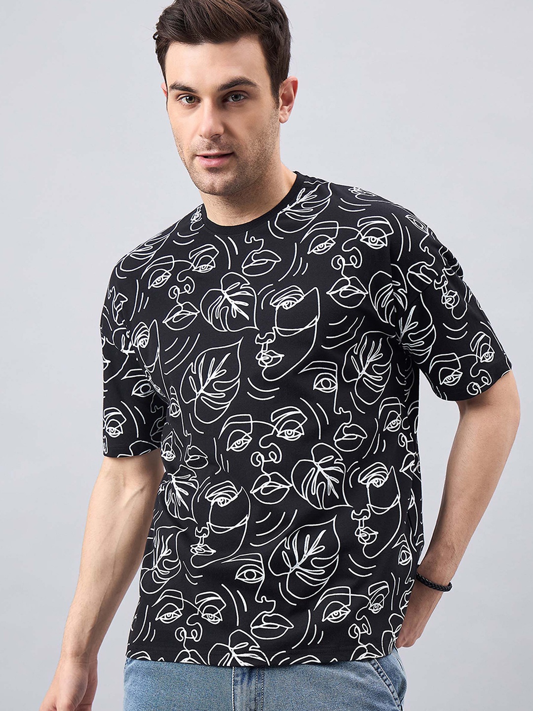 

GESPO Printed Drop-Shoulder Sleeves Oversized T-shirt, Black