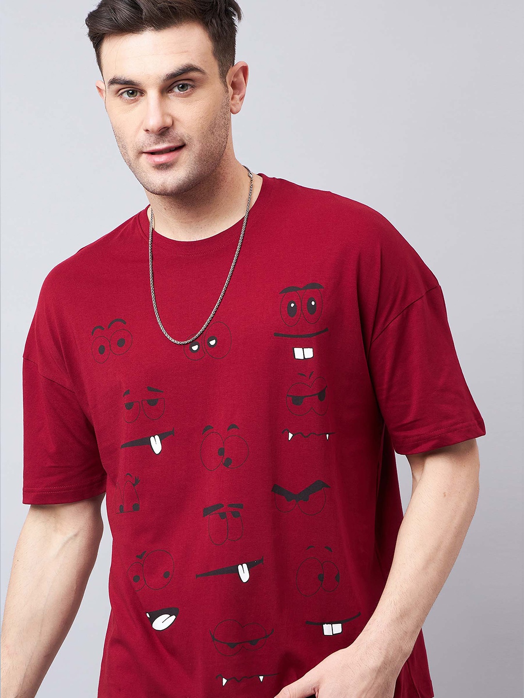

GESPO Printed Round Neck Drop-Shoulder Sleeves Oversized T-shirt, Maroon