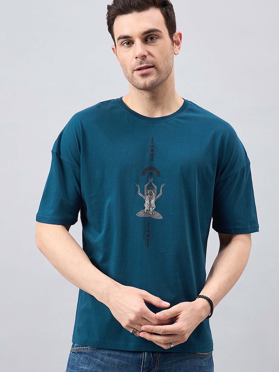 

GESPO Printed Drop-Shoulder Sleeves Oversized T-shirt, Teal