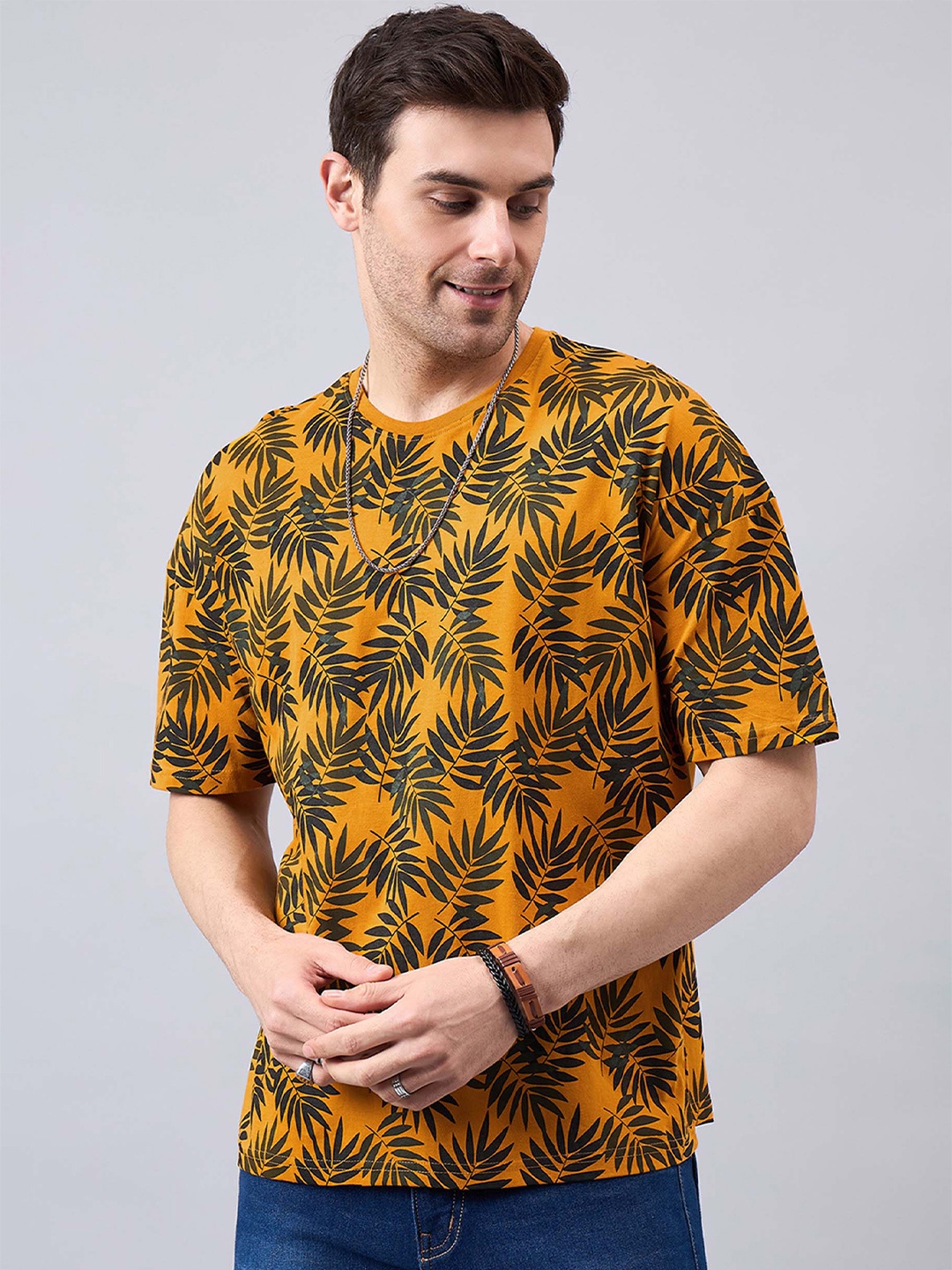 

GESPO Floral Printed Round Neck Short Sleeves Oversized Cotton T-Shirt, Mustard