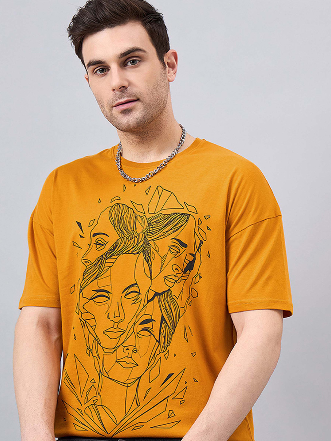 

GESPO Printed Round Neck Drop-Shoulder Sleeves Oversized T-shirt, Mustard