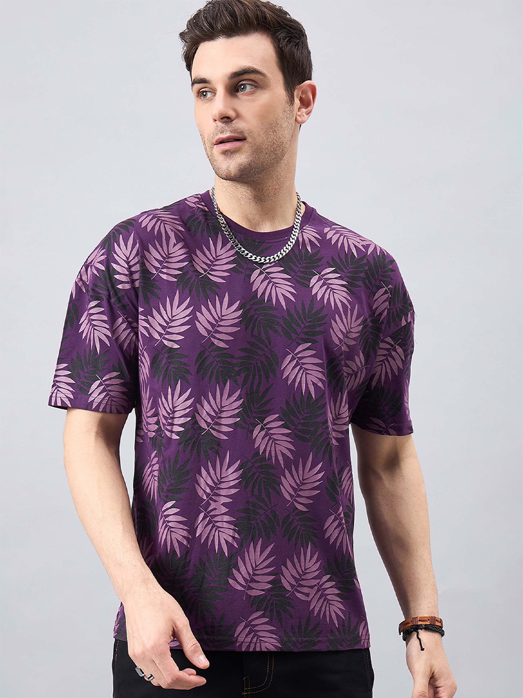 

GESPO Printed Round Neck Drop-Shoulder Sleeves Oversized T-shirt, Purple