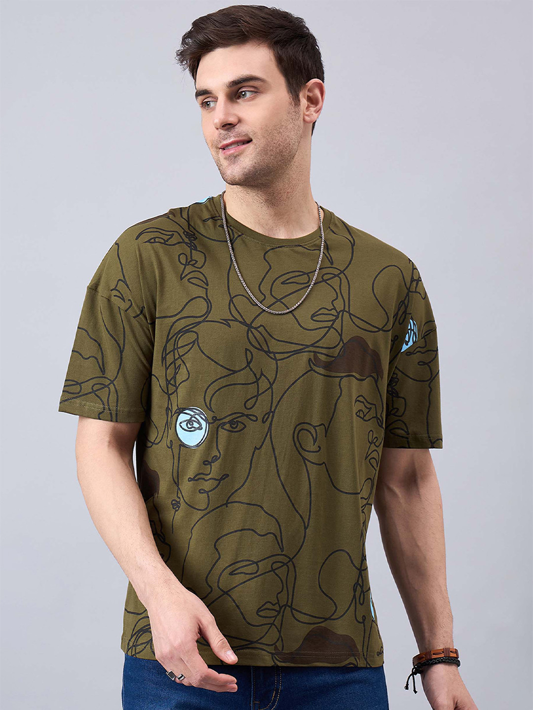 

GESPO Abstract Printed Round Neck Short Sleeves Oversized Cotton T-shirt, Olive