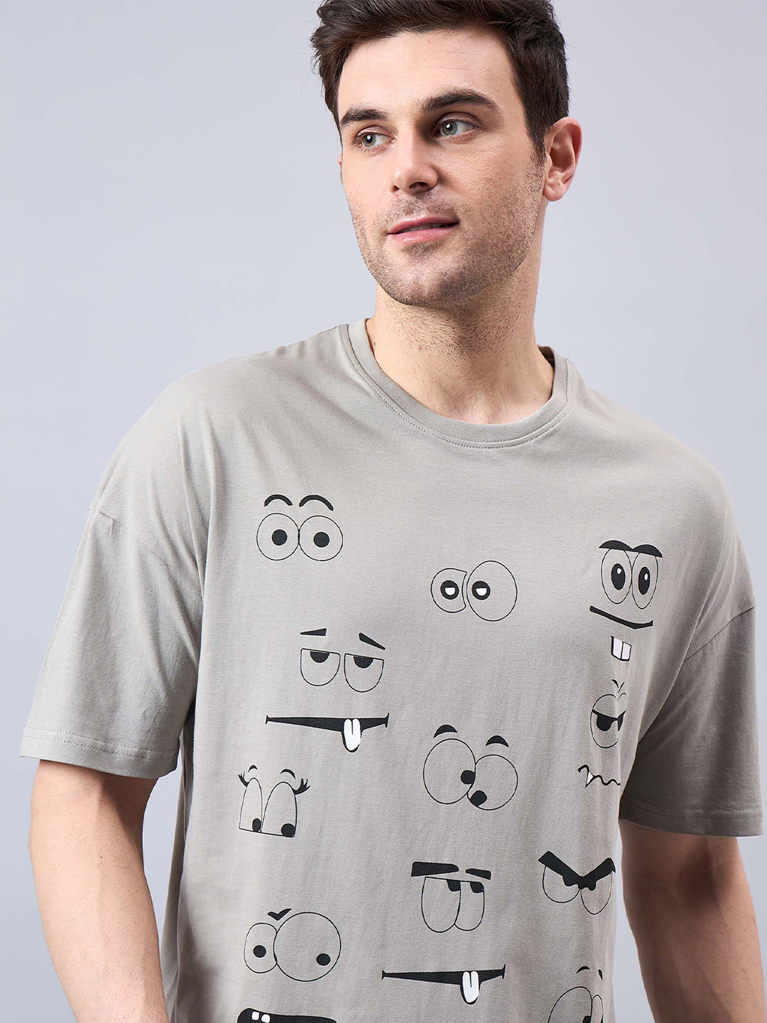 

GESPO Printed Drop-Shoulder Sleeves Oversized T-shirt, Grey