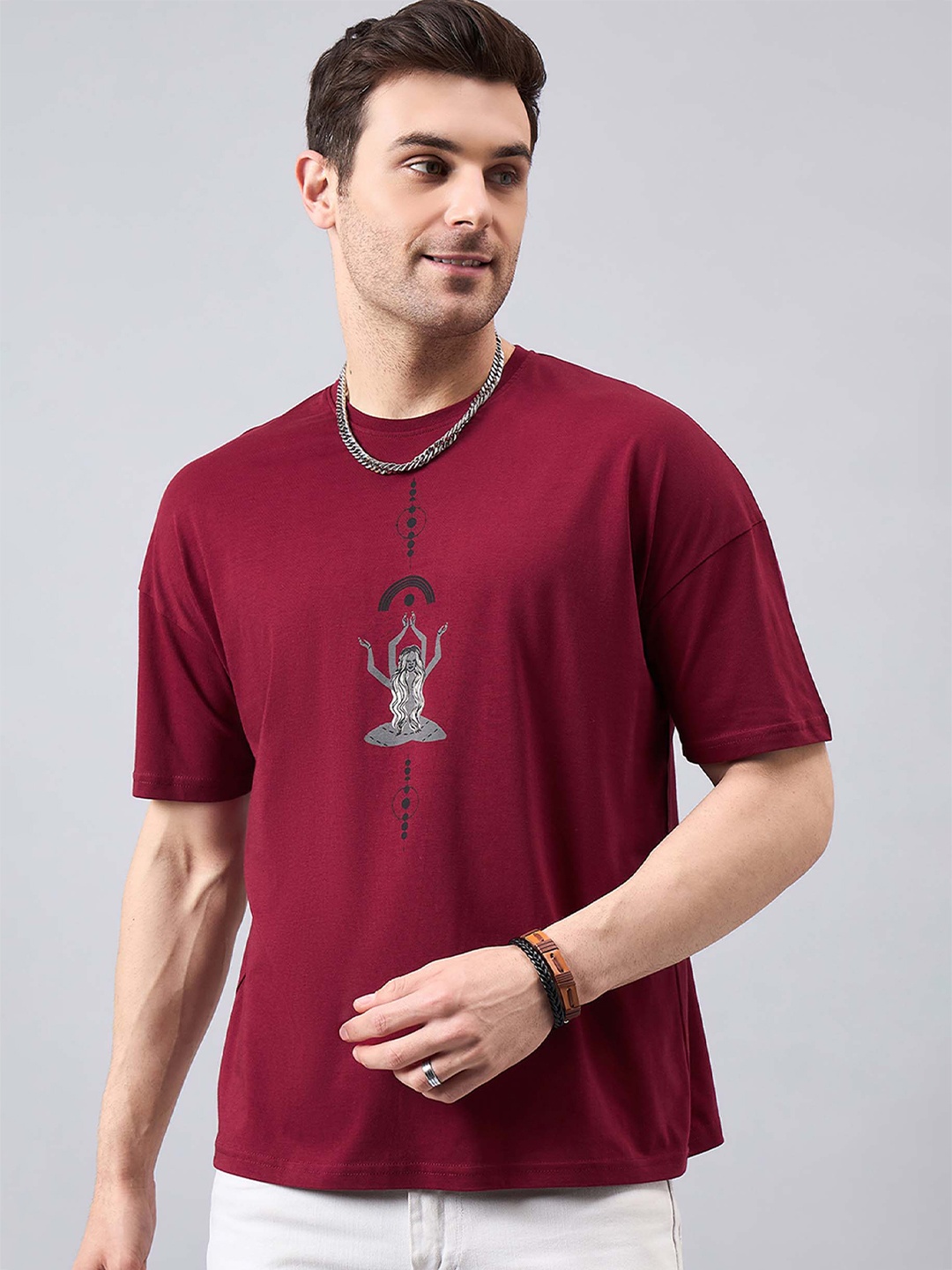 

GESPO Printed Round Neck T-shirt, Maroon