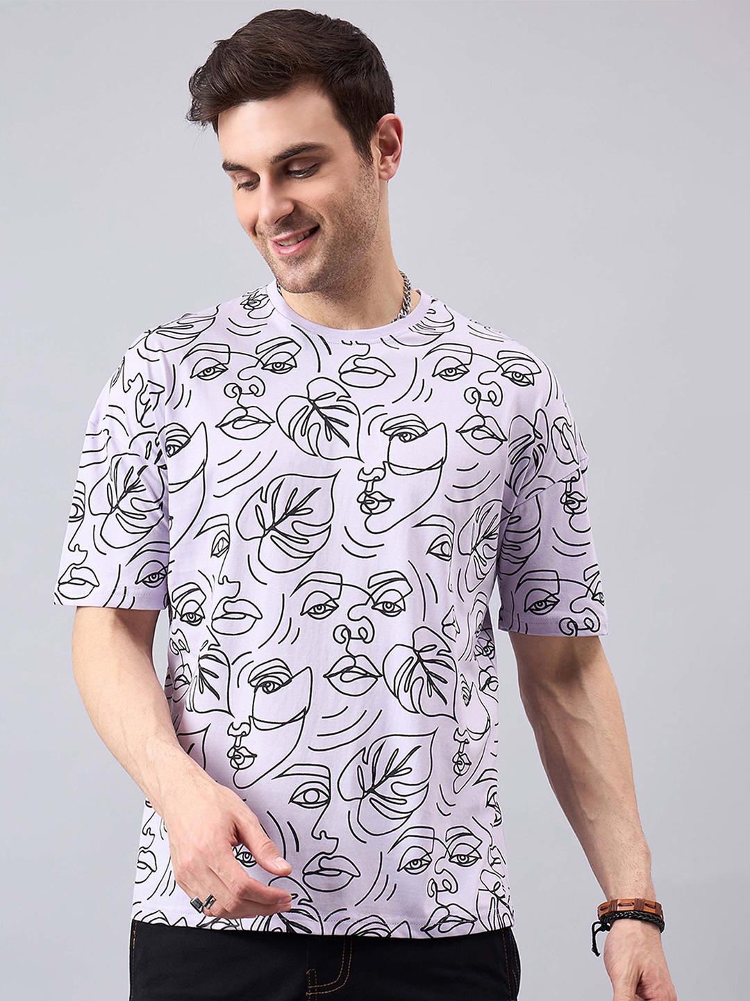 

GESPO Printed Round Neck T-shirt, Purple