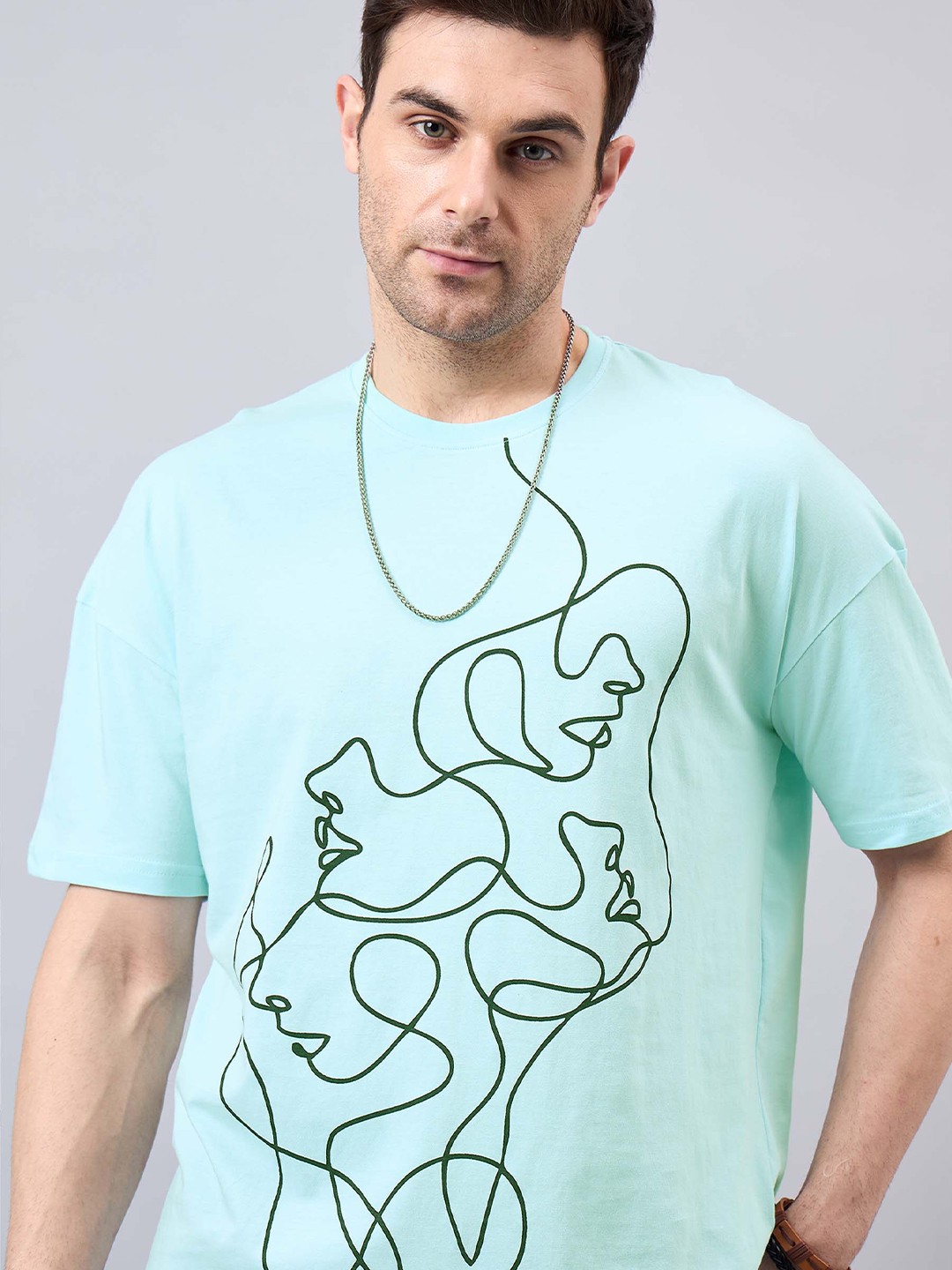 

GESPO Men Printed Round Neck Drop-Shoulder Sleeves Oversized T-shirt, Turquoise blue