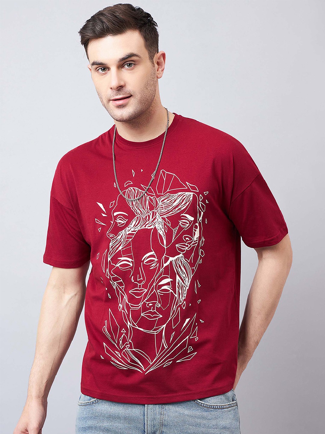 

GESPO Printed Round Neck Drop-Shoulder Sleeves Oversized T-shirt, Red