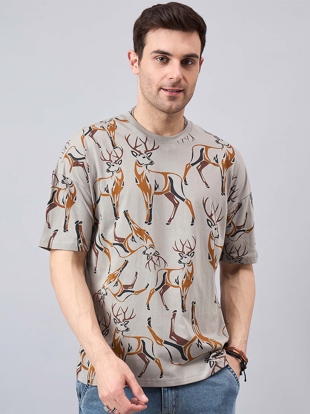 

GESPO Printed Round Neck Short Sleeves Cotton T-shirt, Grey