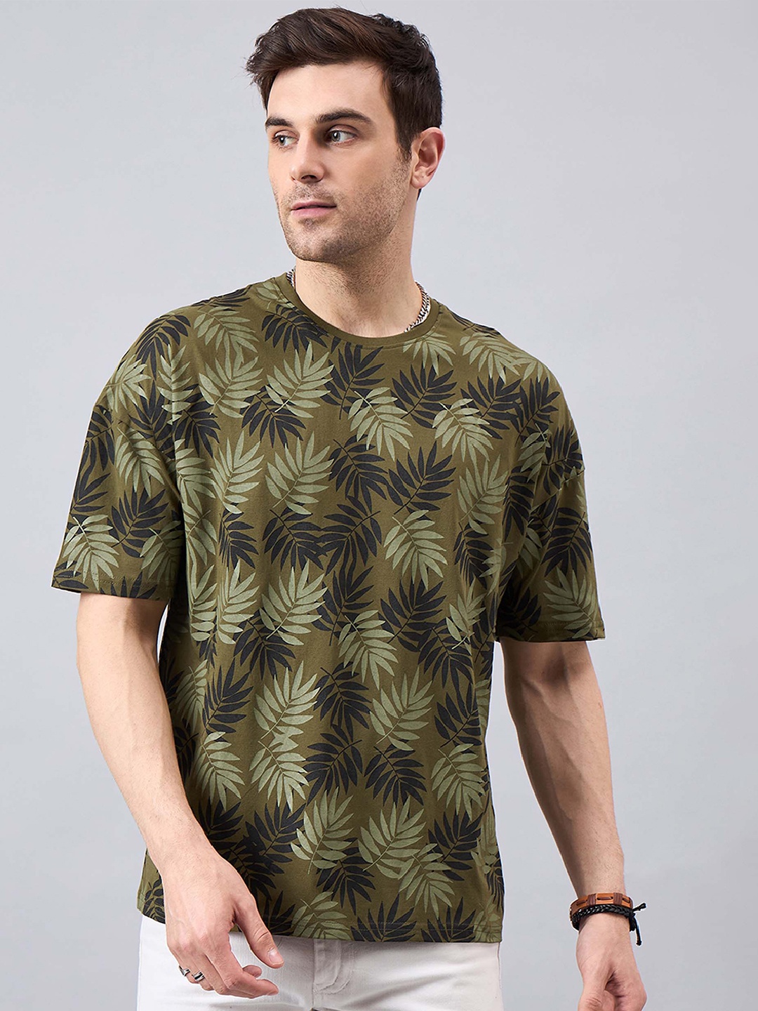 

GESPO Floral Printed Round Neck Short Sleeves Cotton T-shirt, Olive