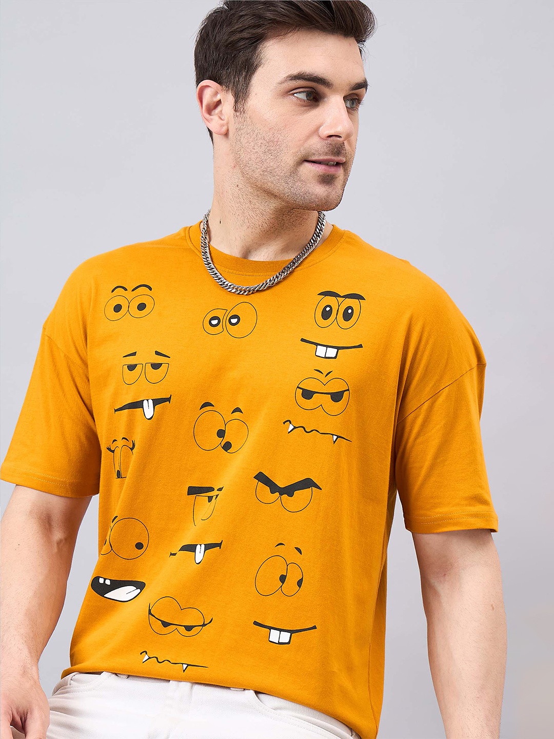 

GESPO Printed Round Neck Drop-Shoulder Sleeves Oversized T-shirt, Mustard