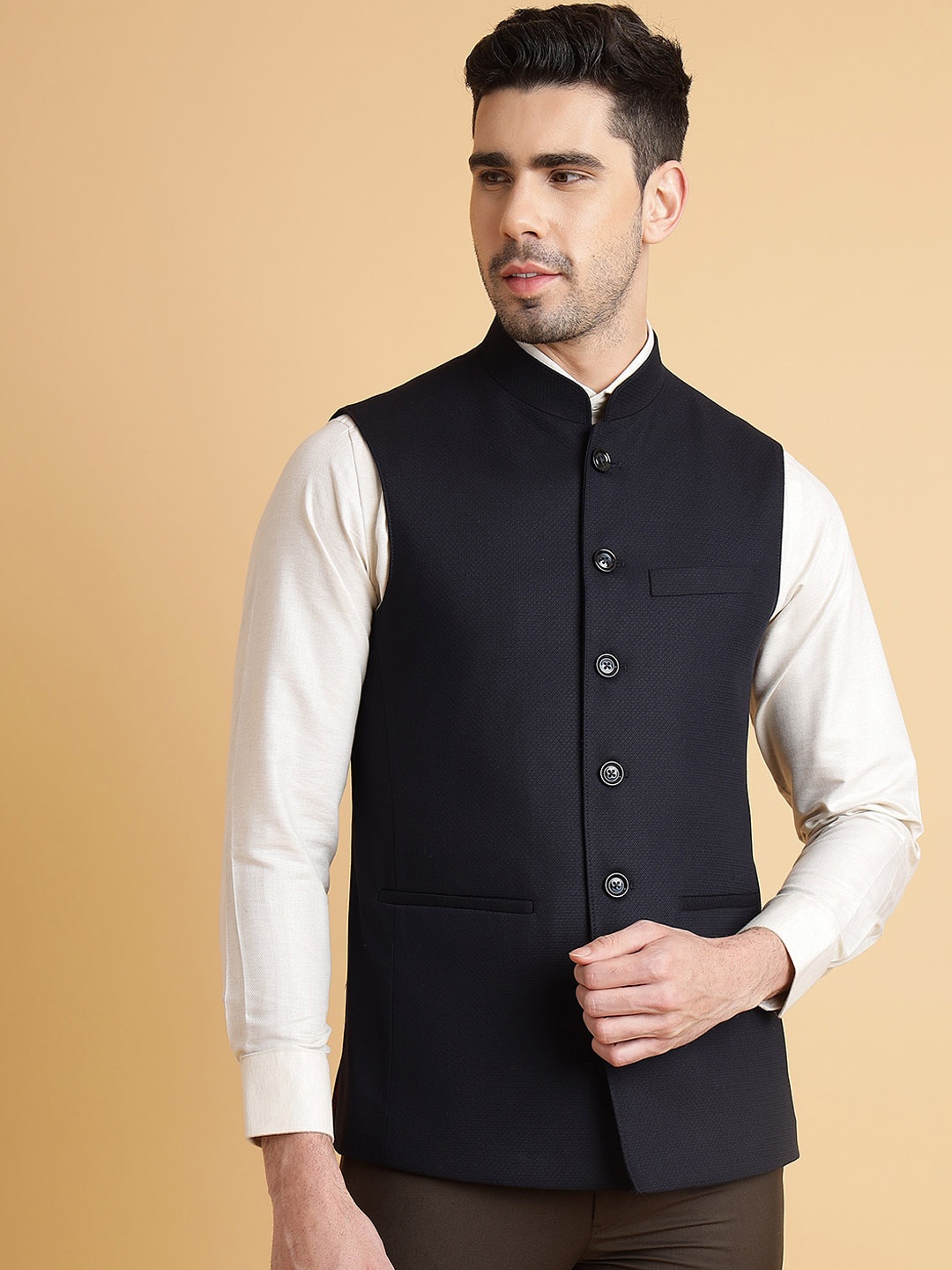 

MODI JACKET Checked Wool Nehru Jacket, Navy blue