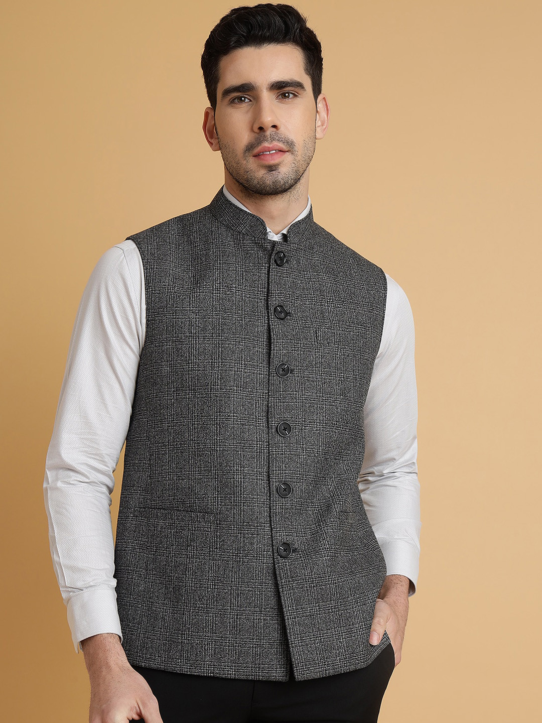 

MODI JACKET Checked Wool Nehru Jacket, Grey