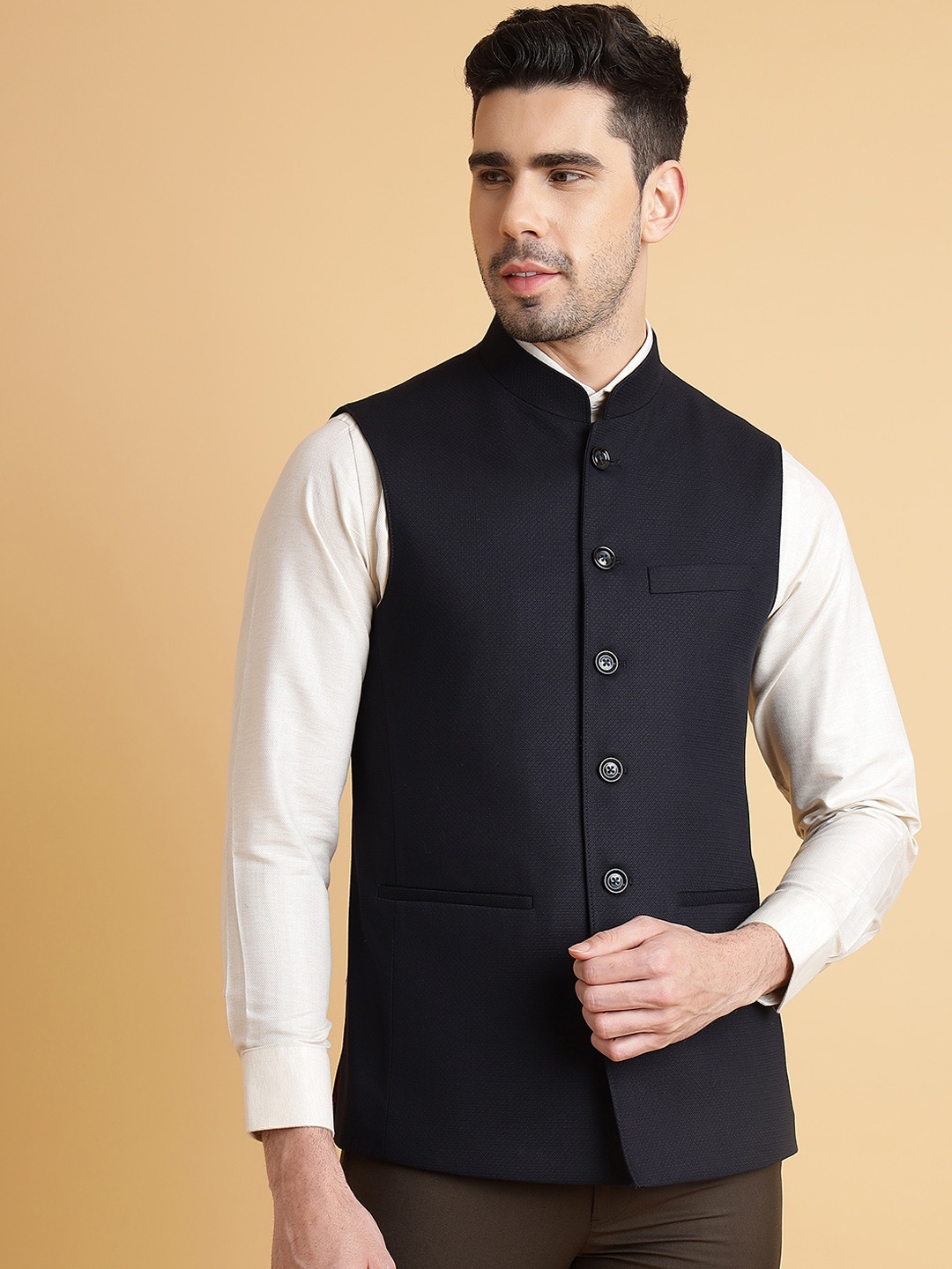 

MODI JACKET Mandarin Collar Woollen Nehru Jacket, Blue