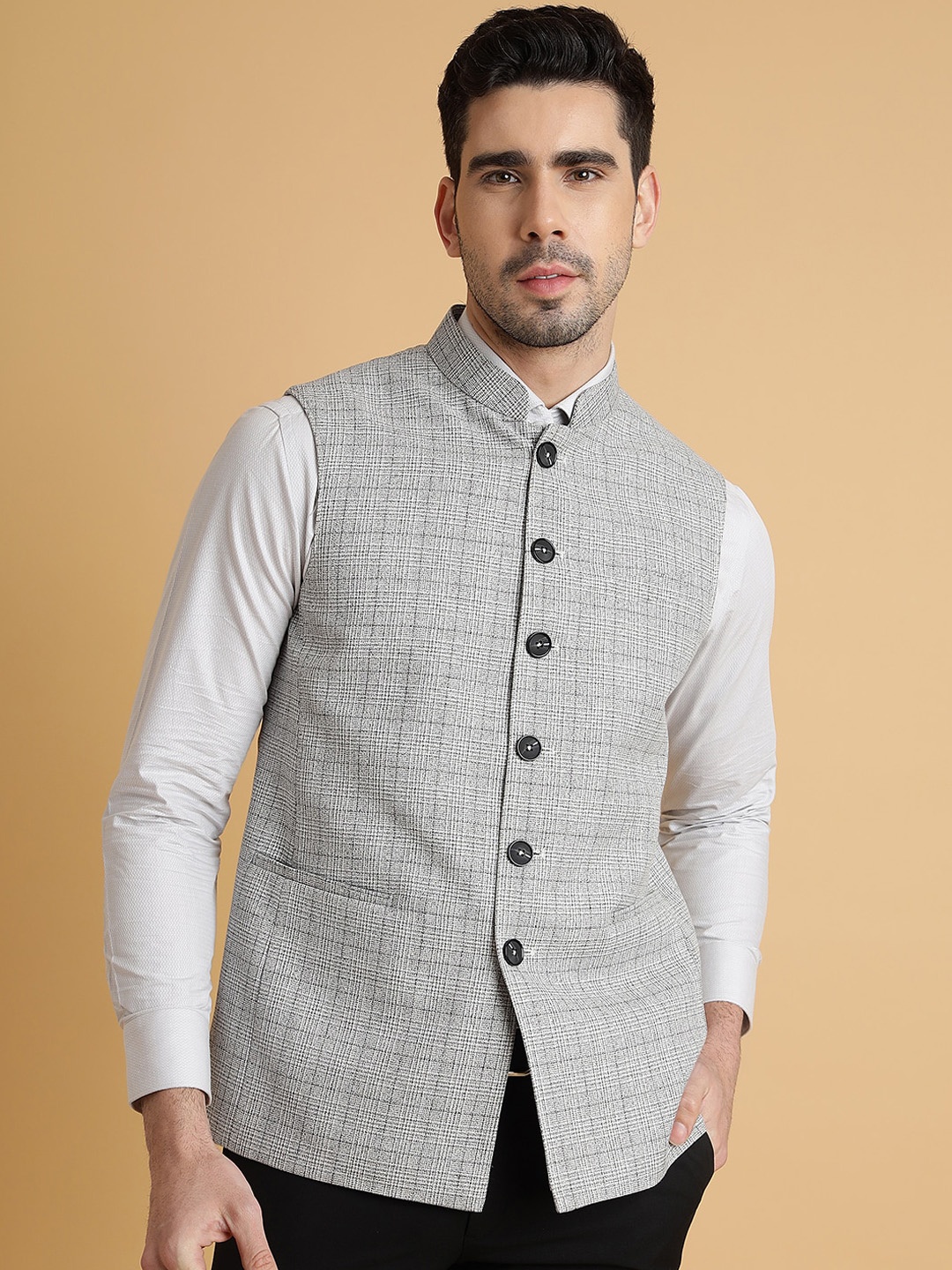 

MODI JACKET Checked Woolen Nehru Jacket, Grey