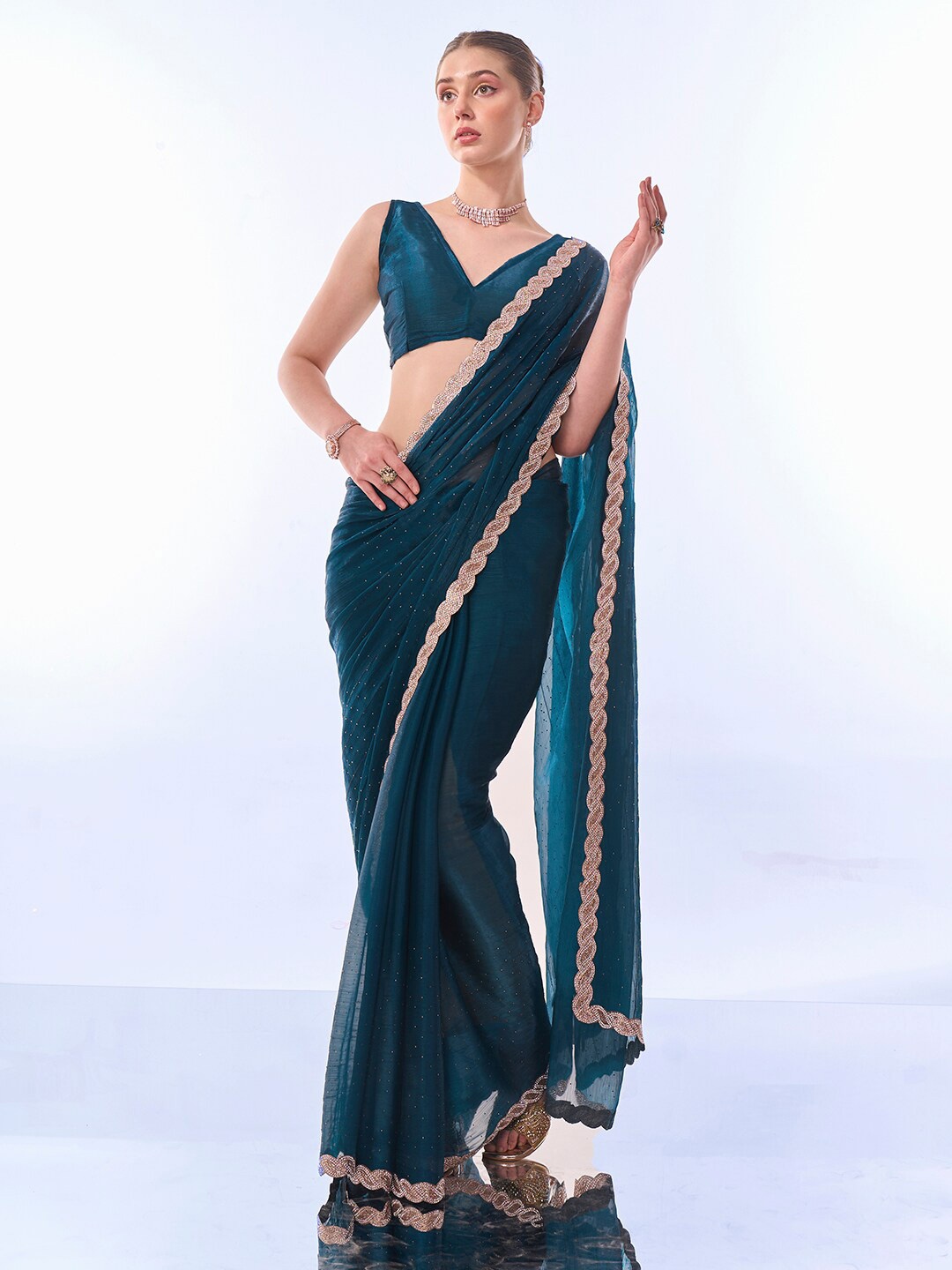 

Kalista Embellished Beads and Stones Pure Chiffon Saree, Teal