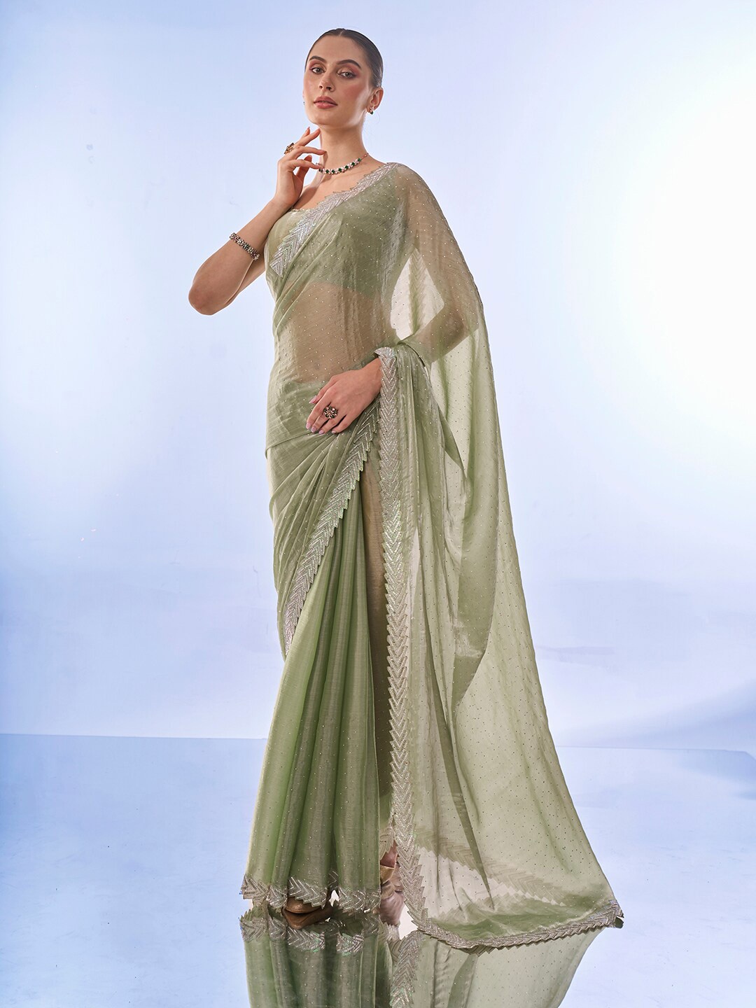 

Kalista Embellished Beads and Stones Pure Chiffon Saree, Green