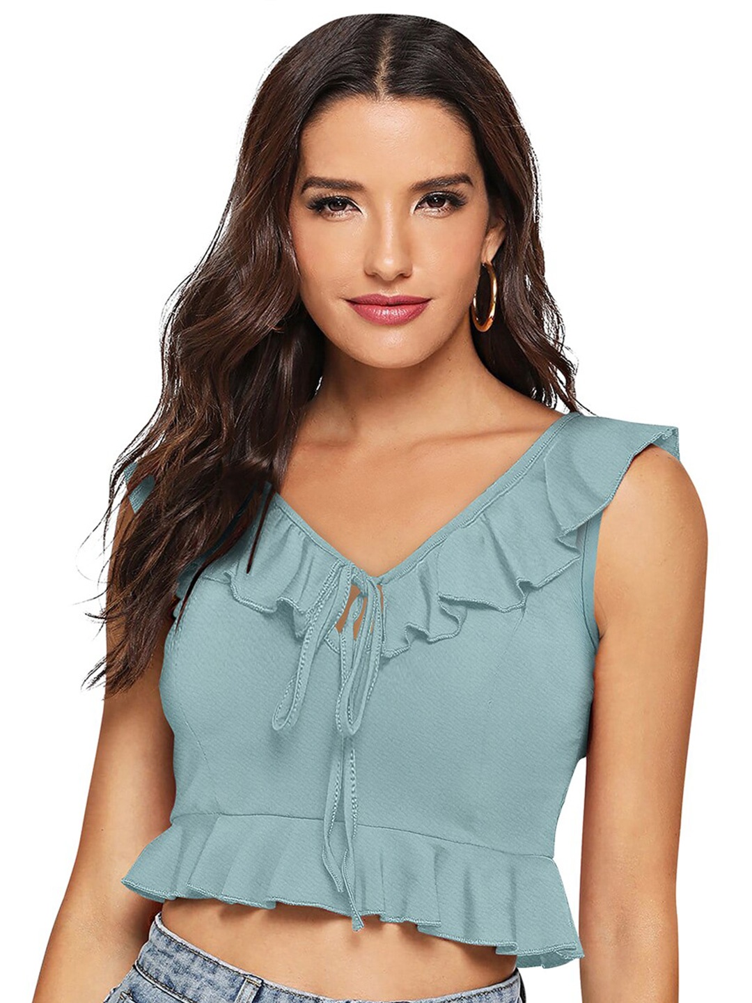 

BAESD Tie-Up Neck Ruffles Detailed Cotton Crop Top, Sea green
