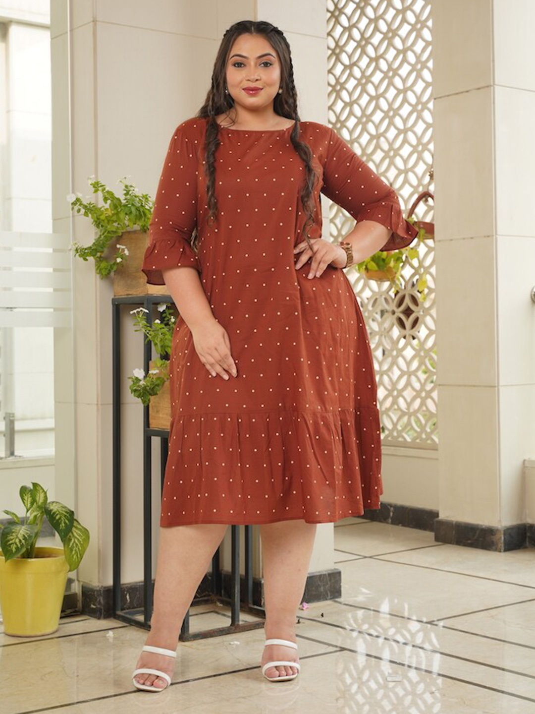 

NANGALIA RUCHIRA Plus Size Polka Print Bell Sleeve Cotton A-Line Midi Dress, Maroon