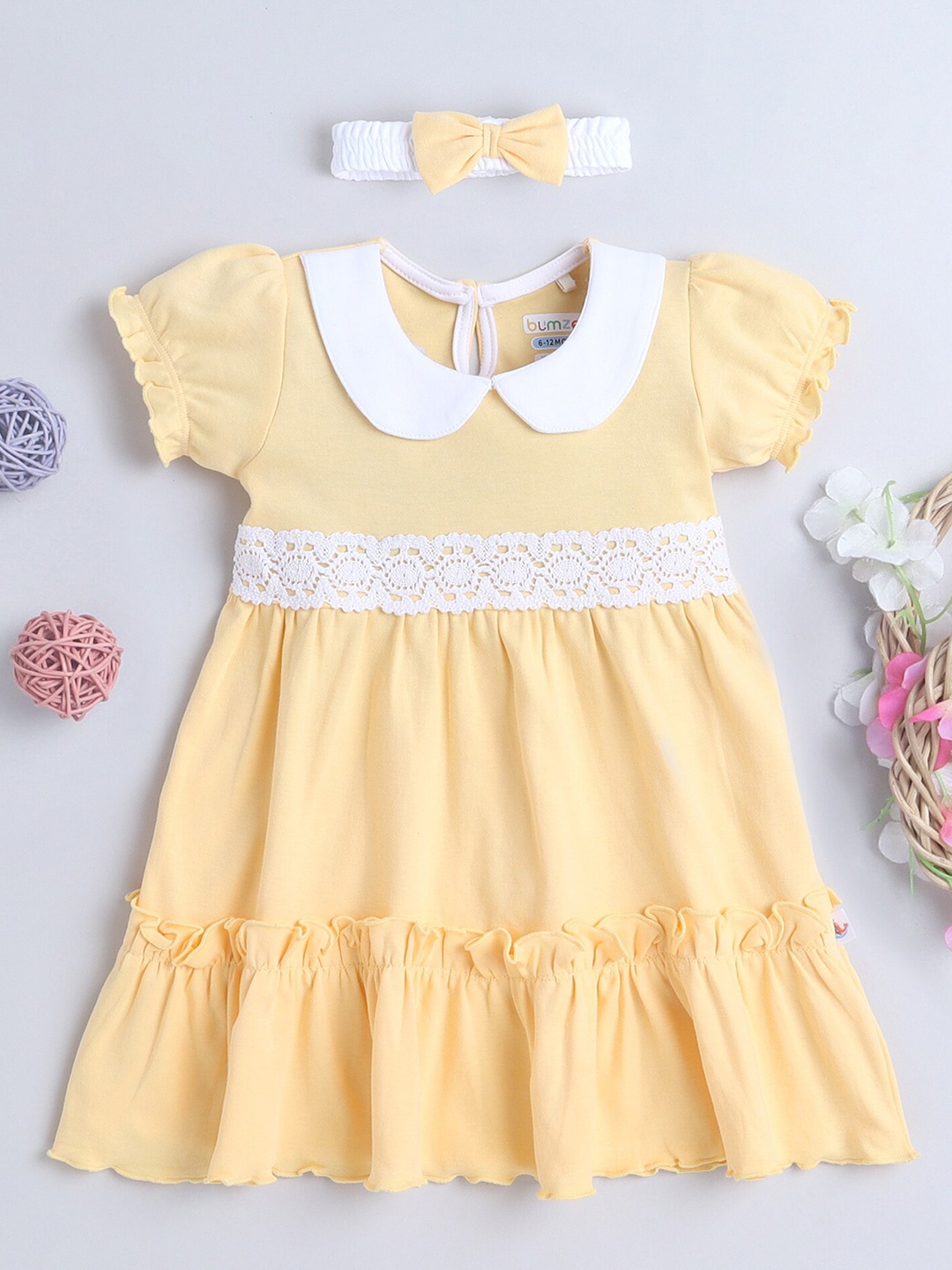 

BUMZEE Infants Girls Peter Pan Collar Cotton A-Line Dress With Headband, Yellow