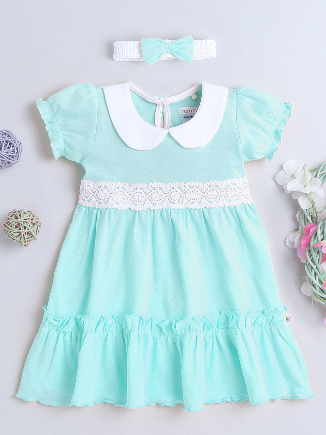 

BUMZEE Infants Girls Peter Pan Collar Cotton A-Line Dress With Headband, Green