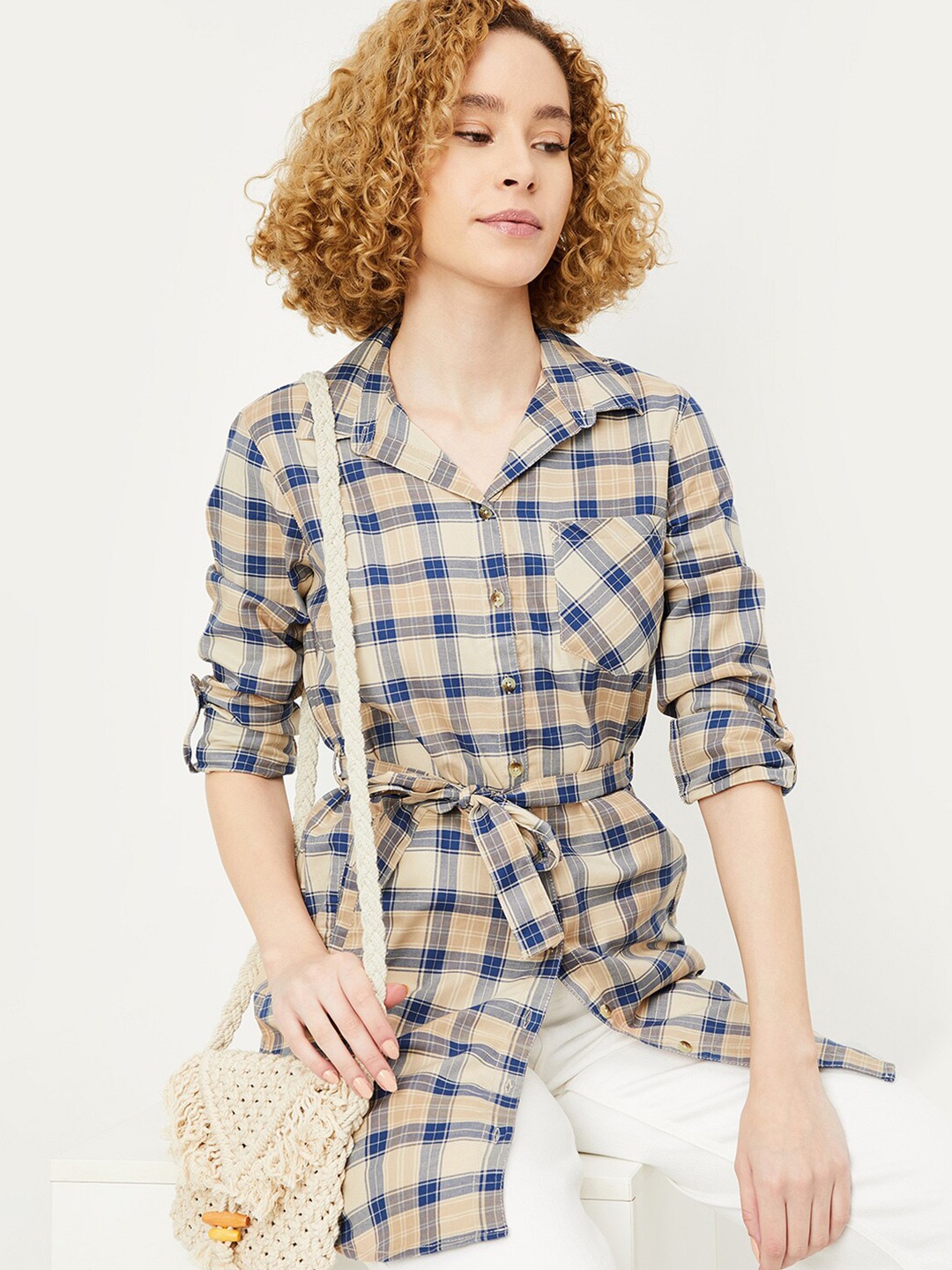 

max Shirt Collar Pure Cotton Checked Tunic, Beige