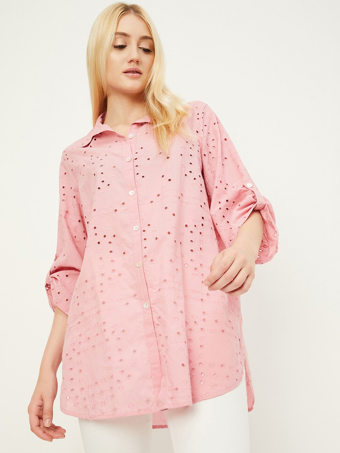 

max Shirt Collar Pure Cotton Tunic, Pink