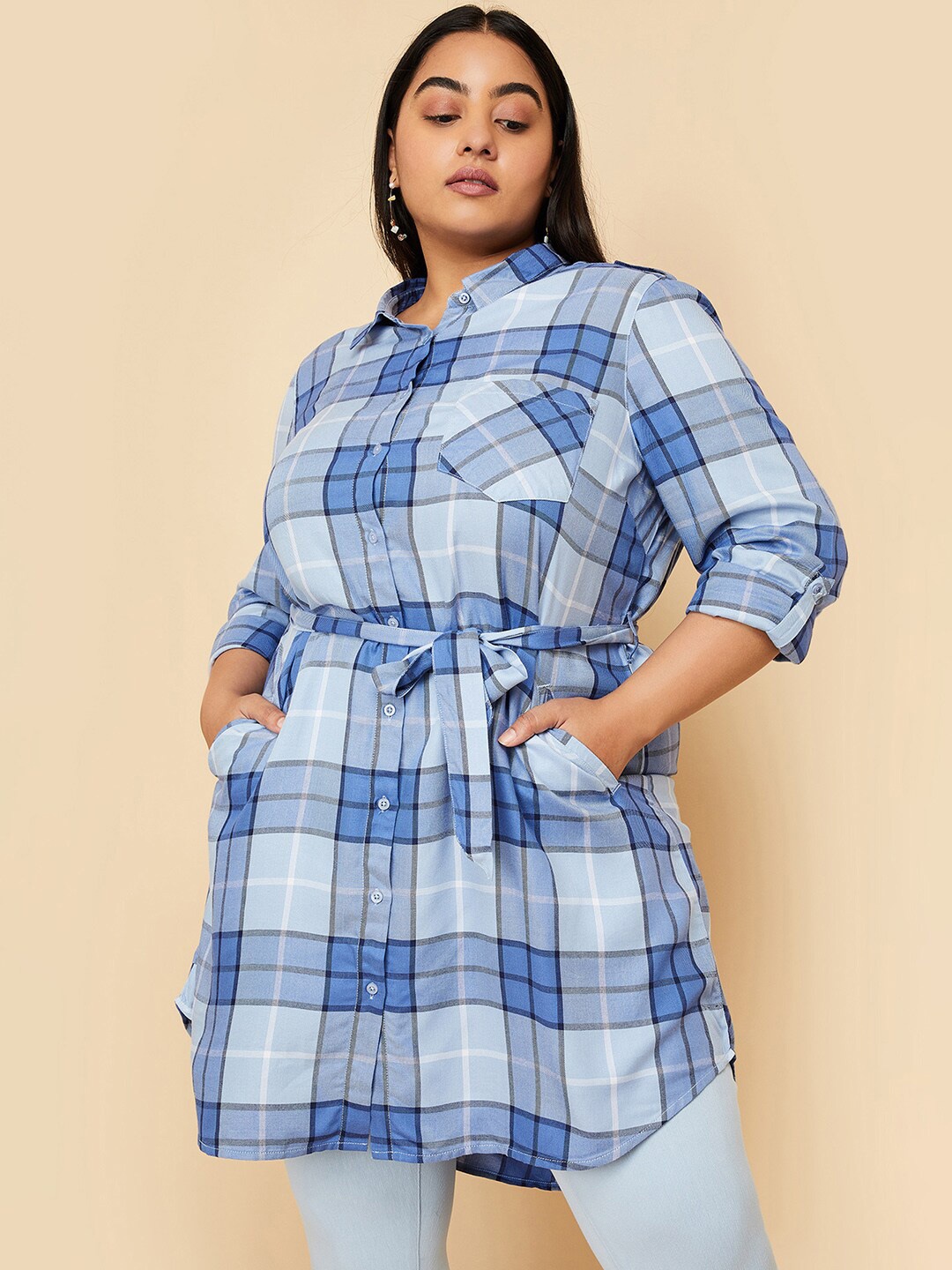 

max Plus Size Shirt Collar Checked Tunic, Blue