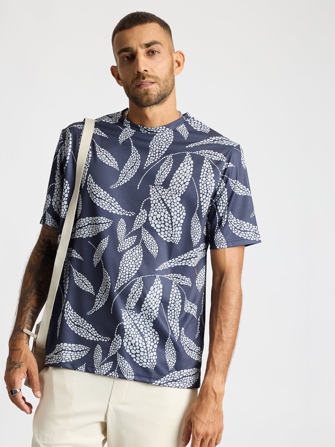 

FREAKINS Floral Printed Round Neck Casual T-shirt, Grey