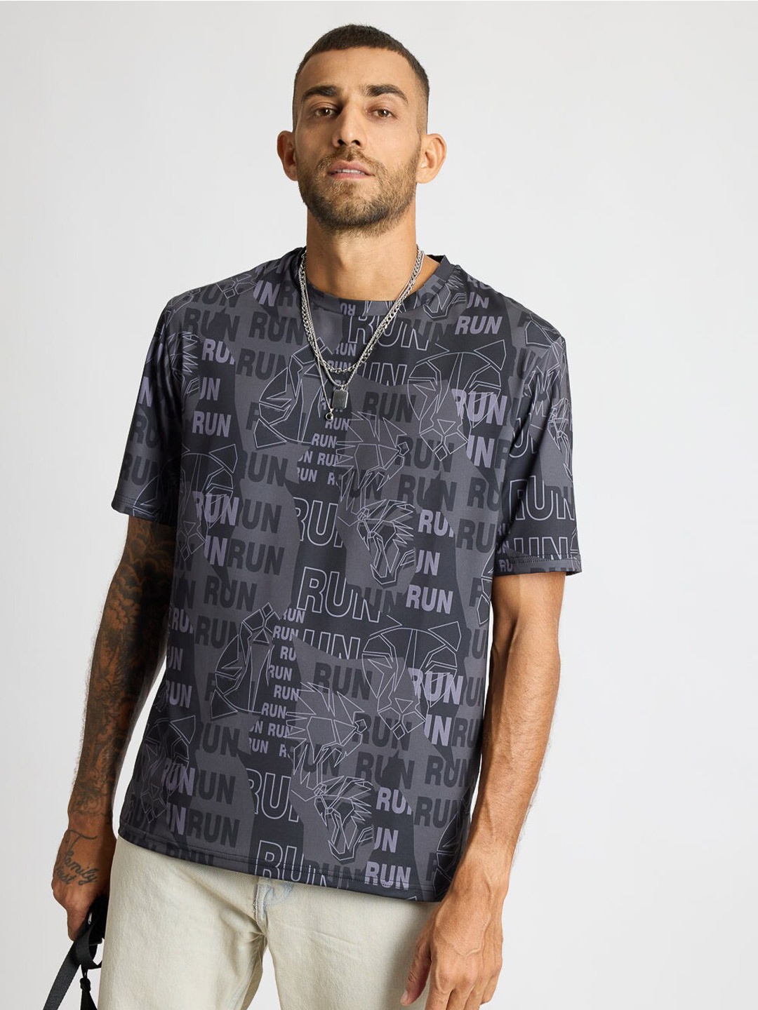 

FREAKINS Typography Printed Round Neck T-shirt, Grey