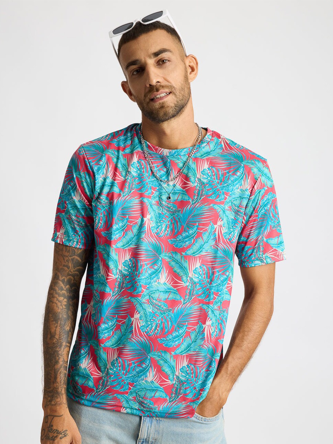 

FREAKINS Floral Printed Round Neck Casual T-shirt, Blue