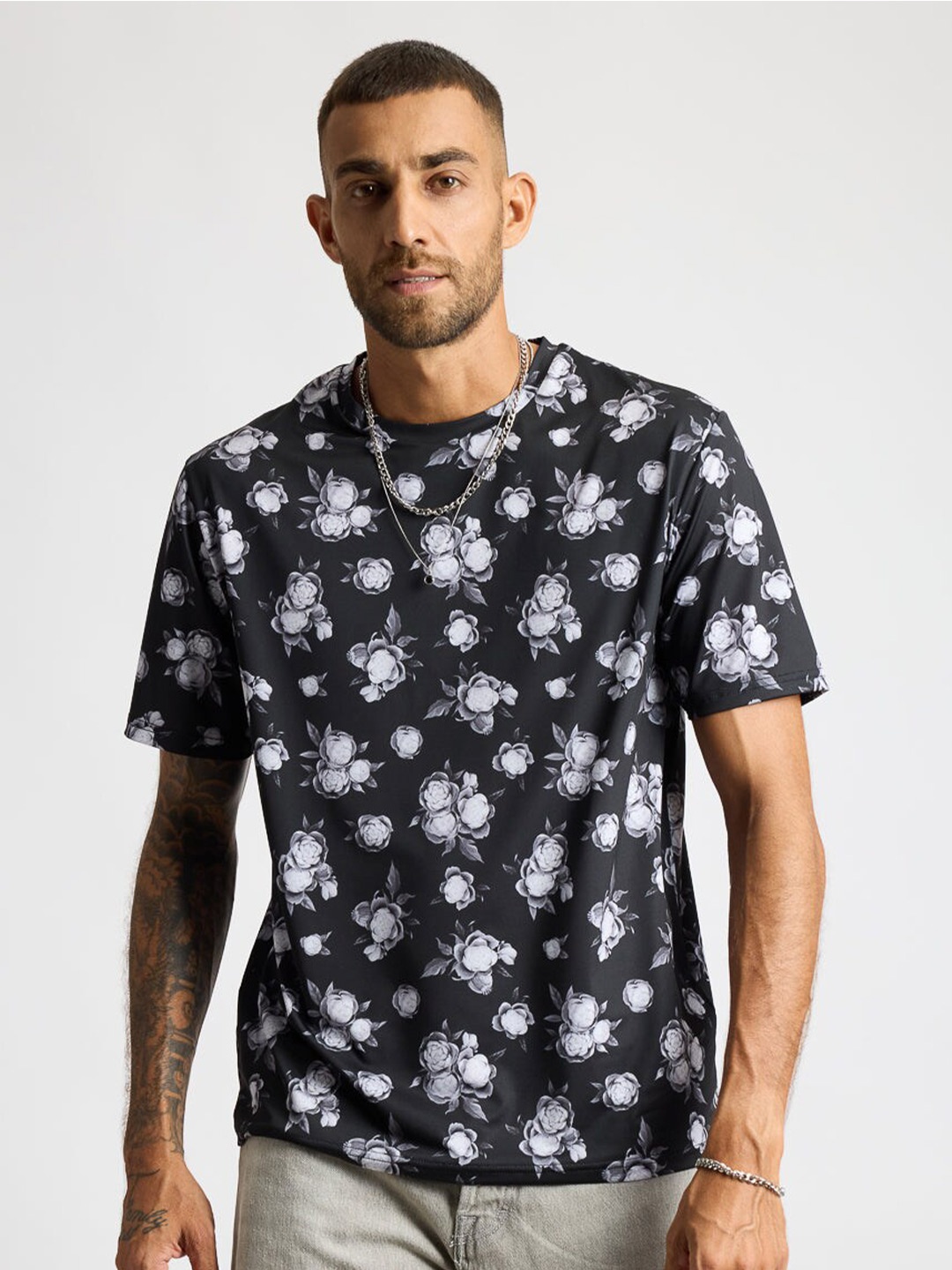 

FREAKINS Floral Printed Round Neck T-shirt, Black