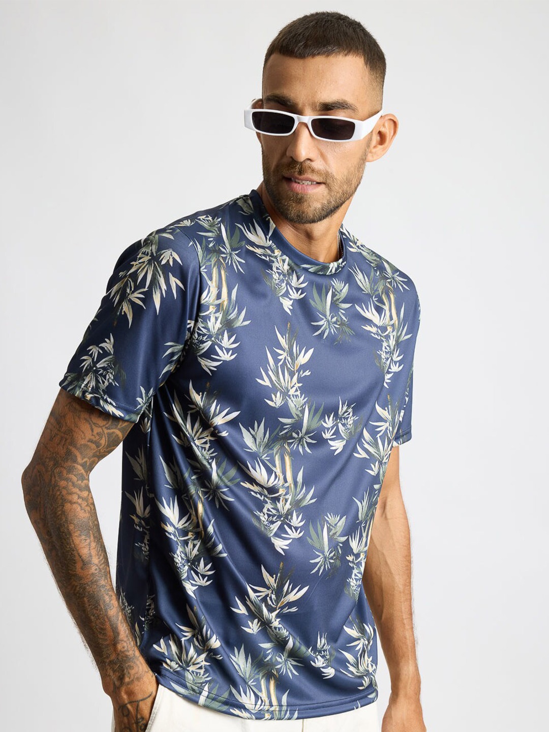 

FREAKINS Floral Printed Round Neck T-shirt, Navy blue