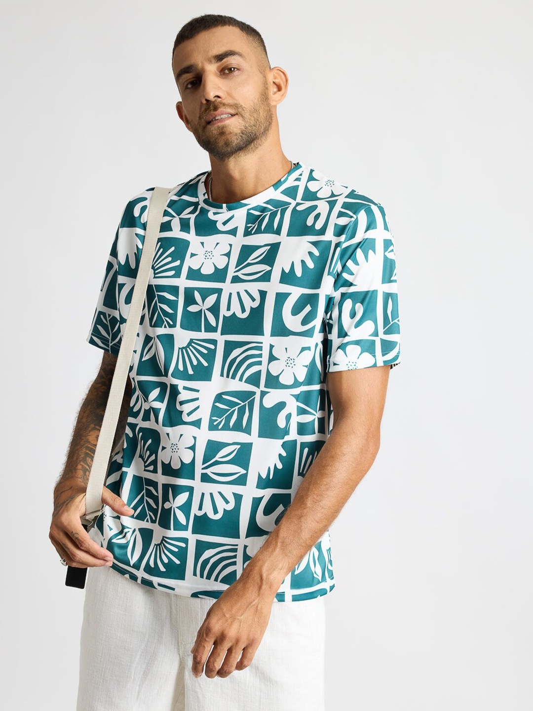 

FREAKINS Floral Printed Round Neck T-shirt, Teal