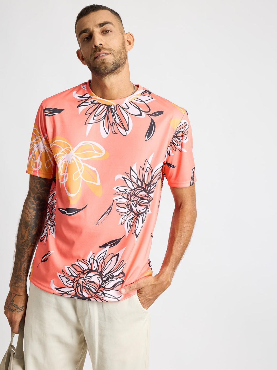 

FREAKINS Men Floral Printed T-shirt, Peach