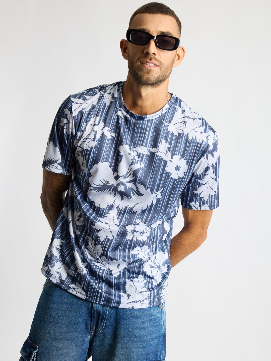 

FREAKINS Floral Printed Round Neck Short Sleeves T-shirt, Blue