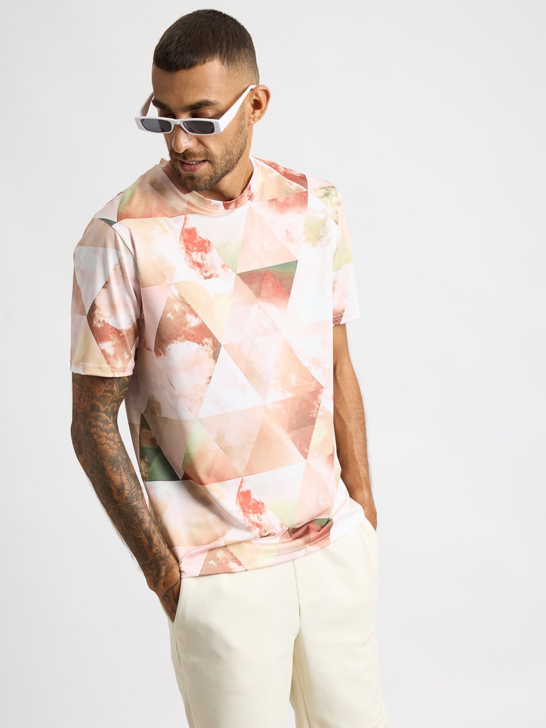 

FREAKINS Geometric Printed Round Neck T-shirt, Peach