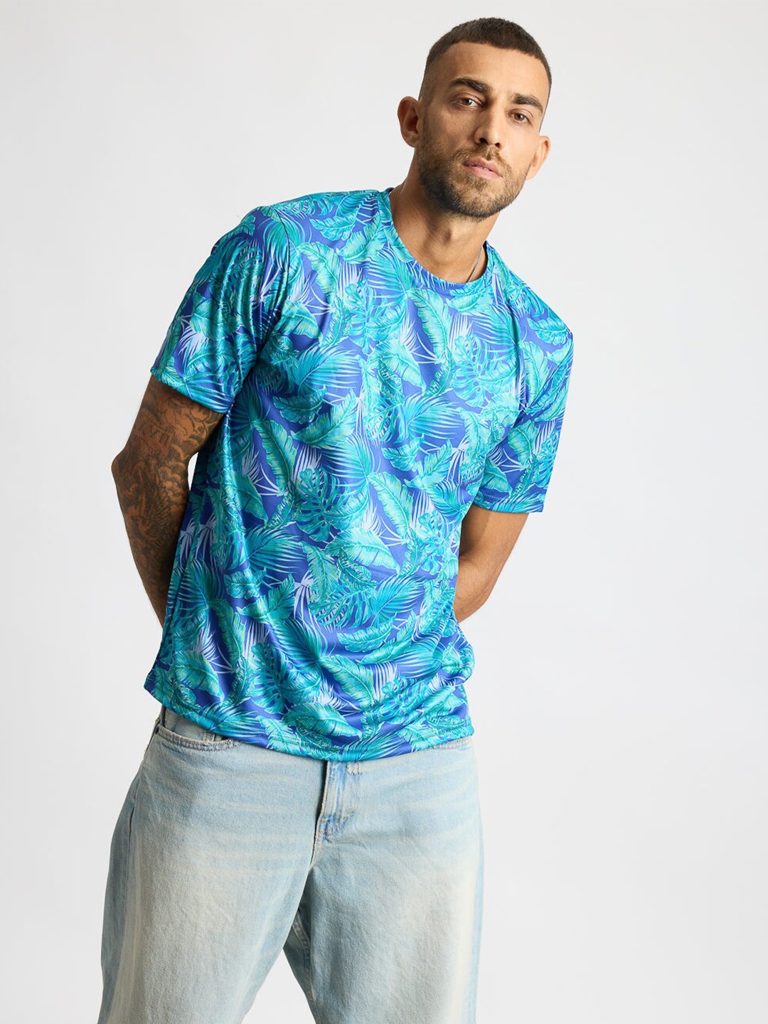 

FREAKINS Floral Printed Round Neck T-shirt, Turquoise blue